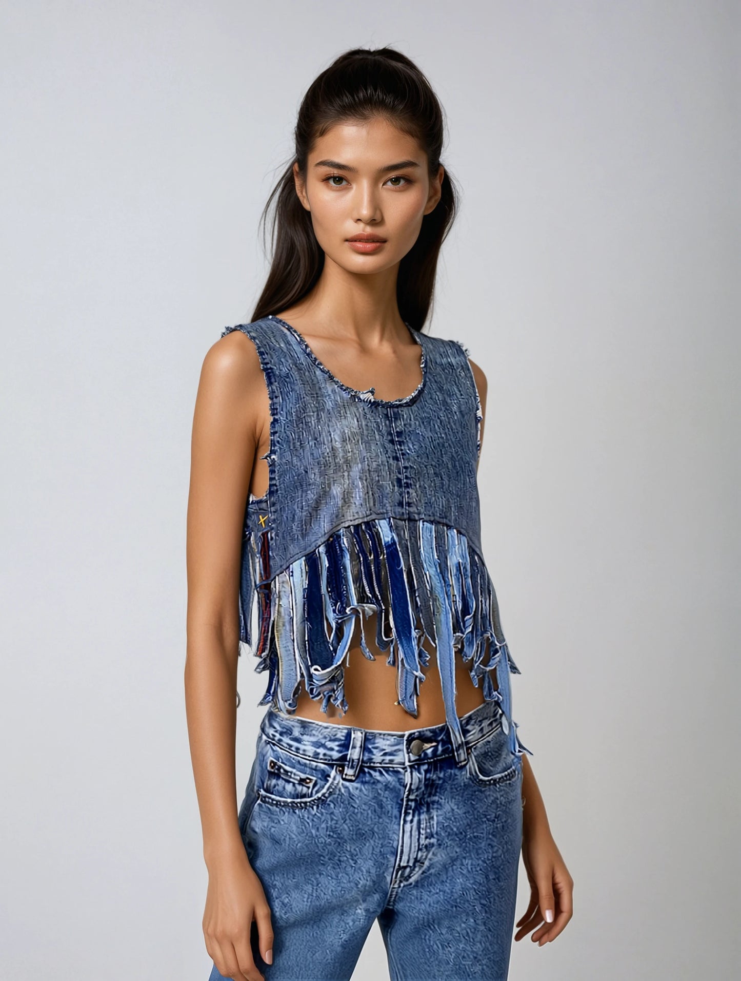 Upcycled Denim Babydoll Tank with raw deconstructed edges and fringe