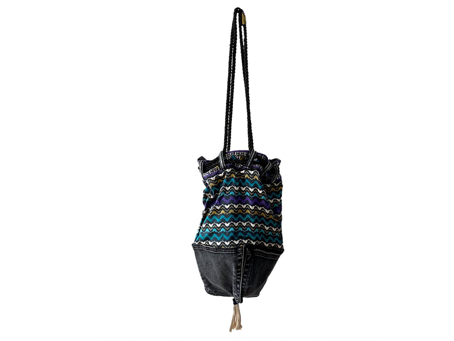 Upcycled denim pocket hobo slouch bag with Italian silk