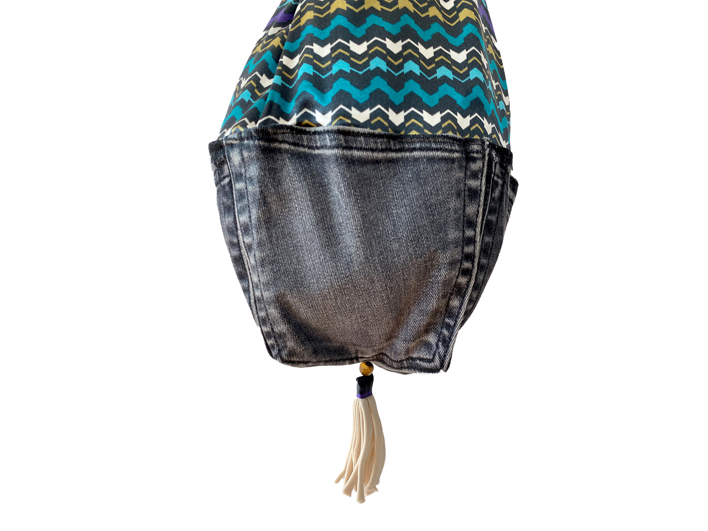 Upcycled denim pocket hobo slouch bag with Italian silk