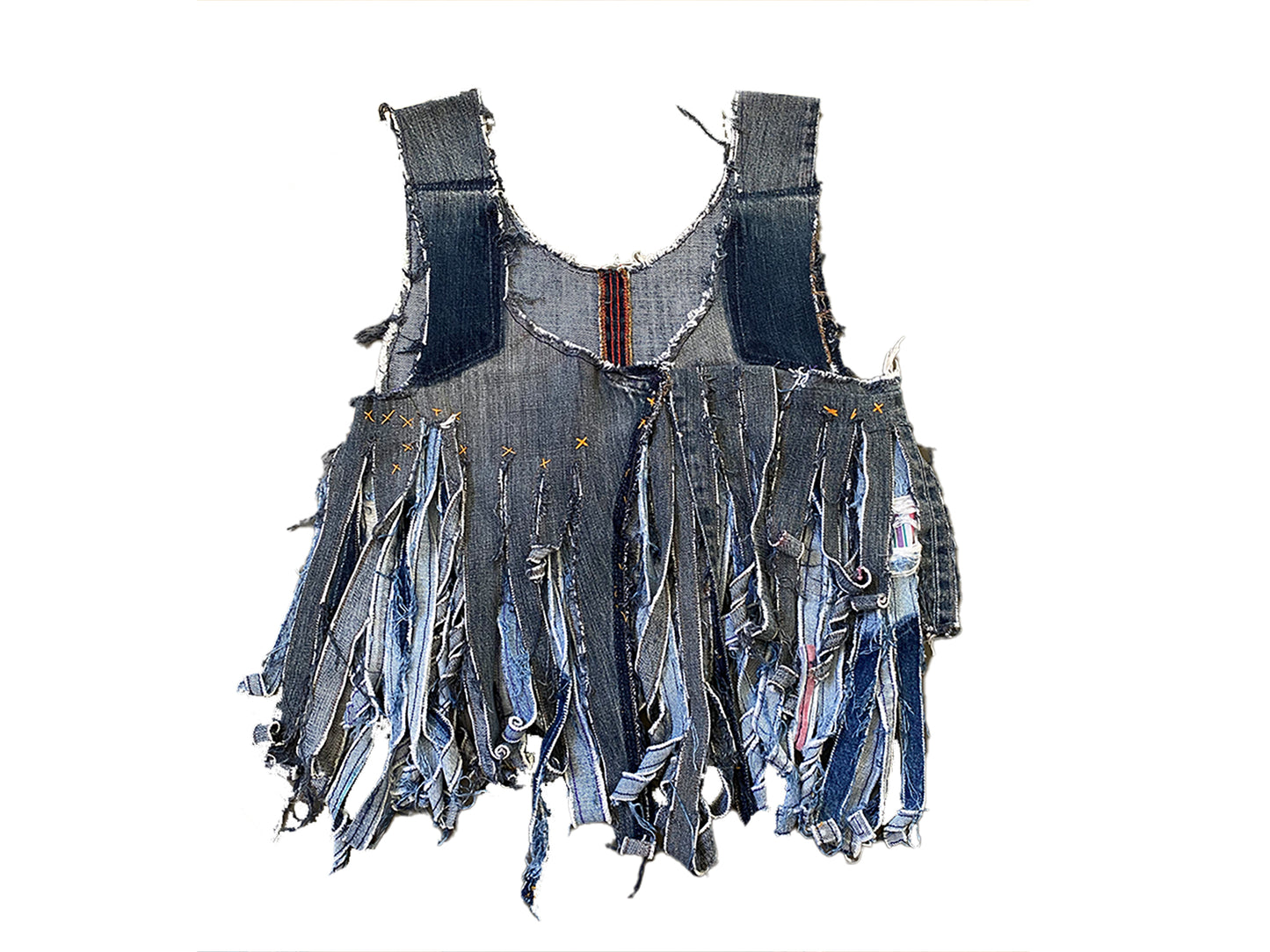 Upcycled Denim Babydoll Tank with raw deconstructed edges and fringe