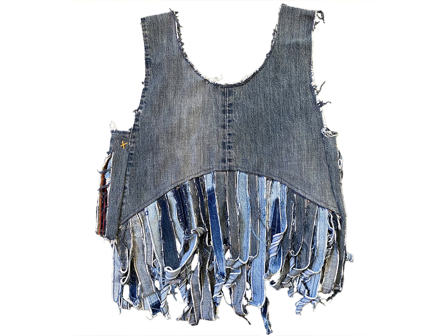 Upcycled Denim Babydoll Tank with raw deconstructed edges and fringe