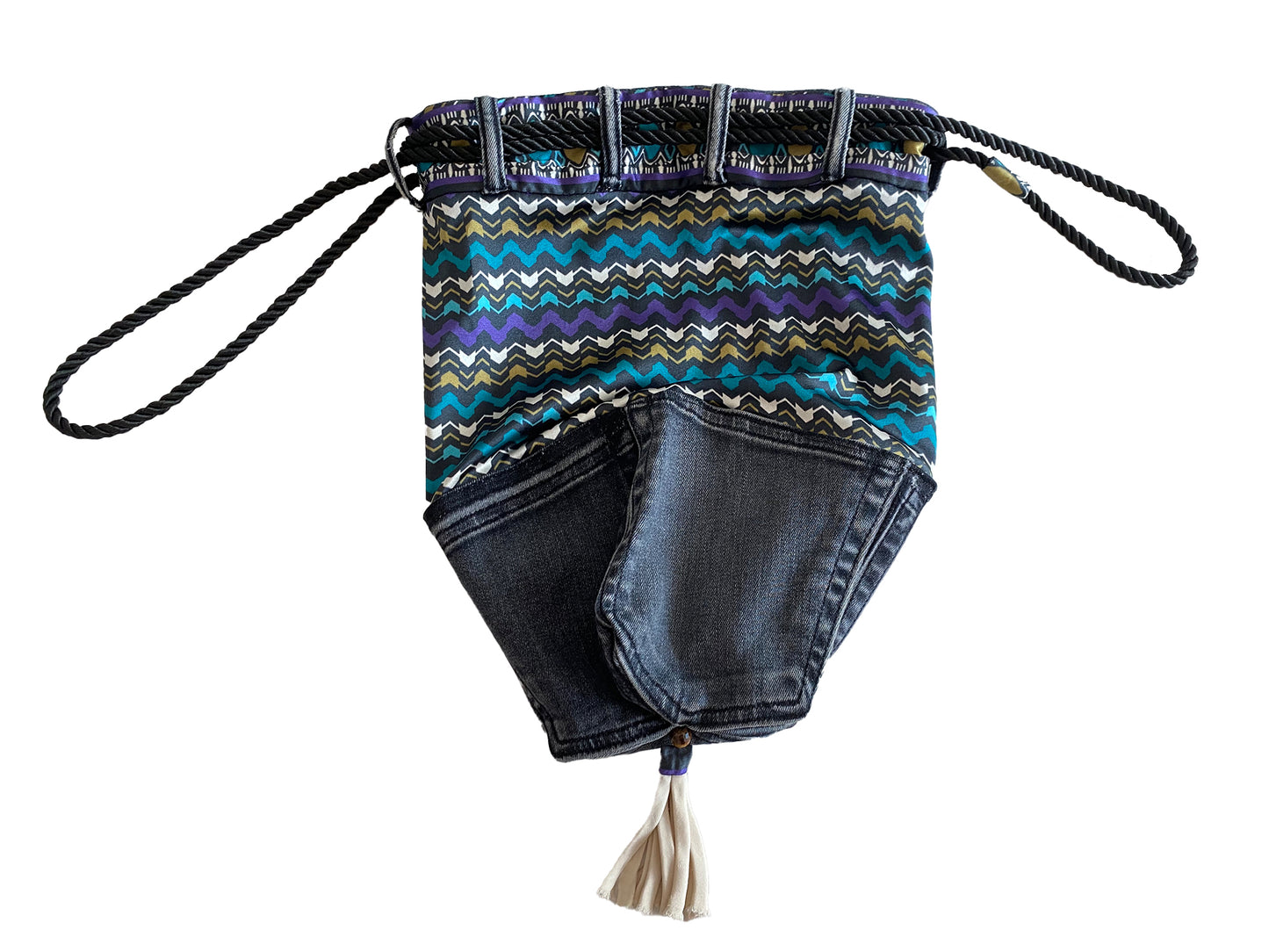 Upcycled denim pocket hobo slouch bag with Italian silk