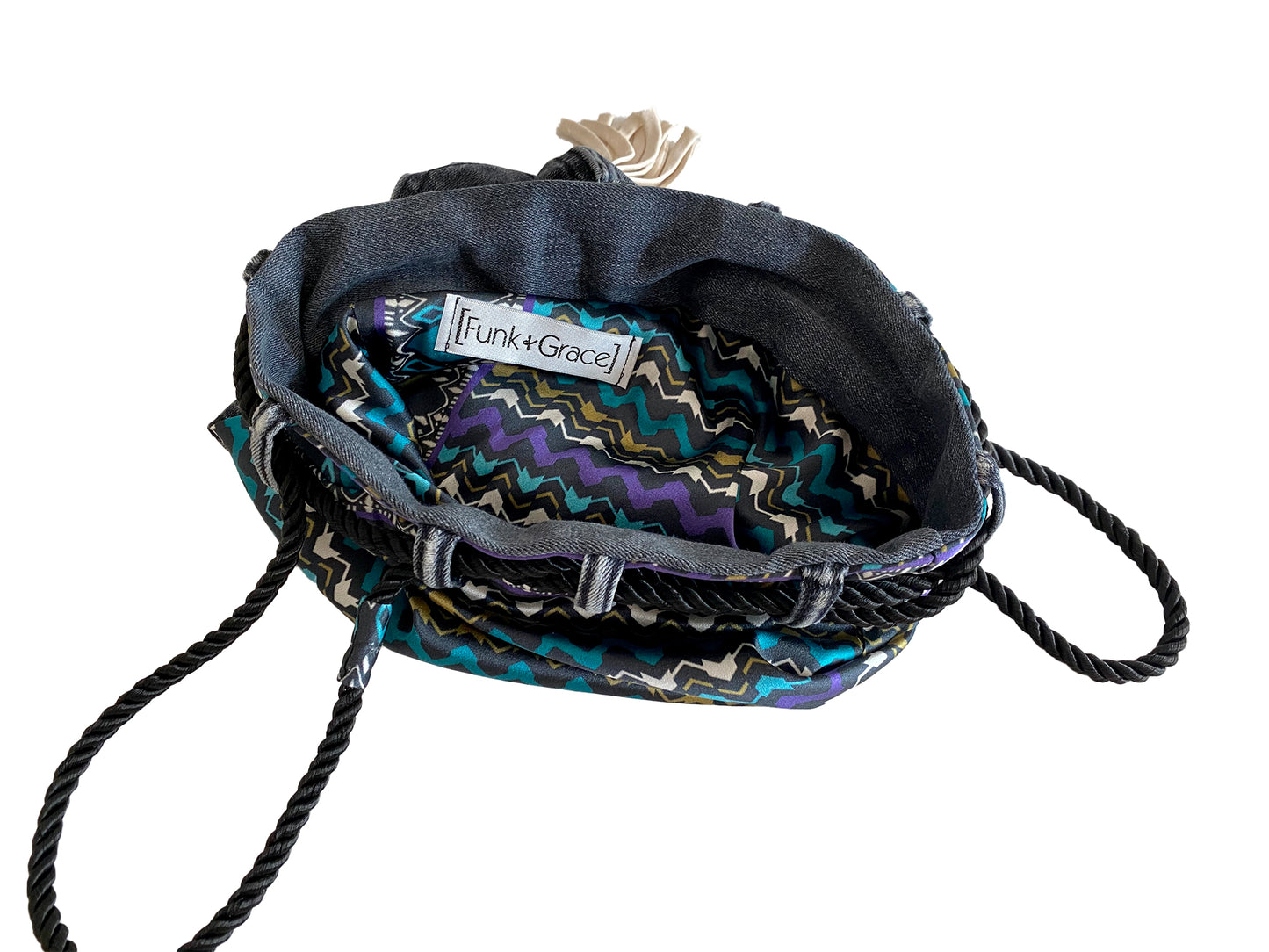 Upcycled denim pocket hobo slouch bag with Italian silk