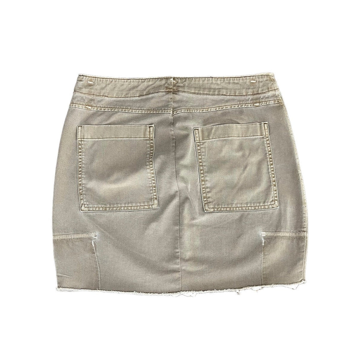 Upcycled mid rise Tan Distressed Denim Skirt with Star Patch