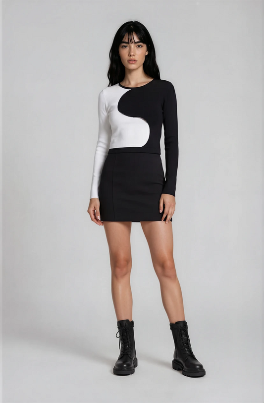 Upcycled Long Sleeve Black and White Mid Drift Yin Yang