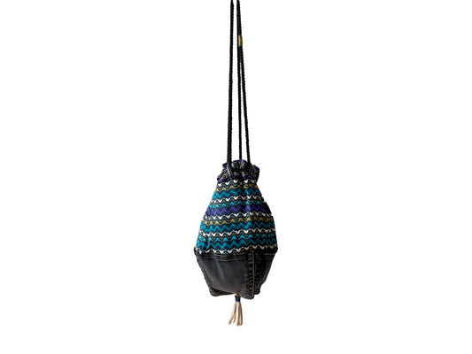 Upcycled denim pocket hobo slouch bag with Italian silk