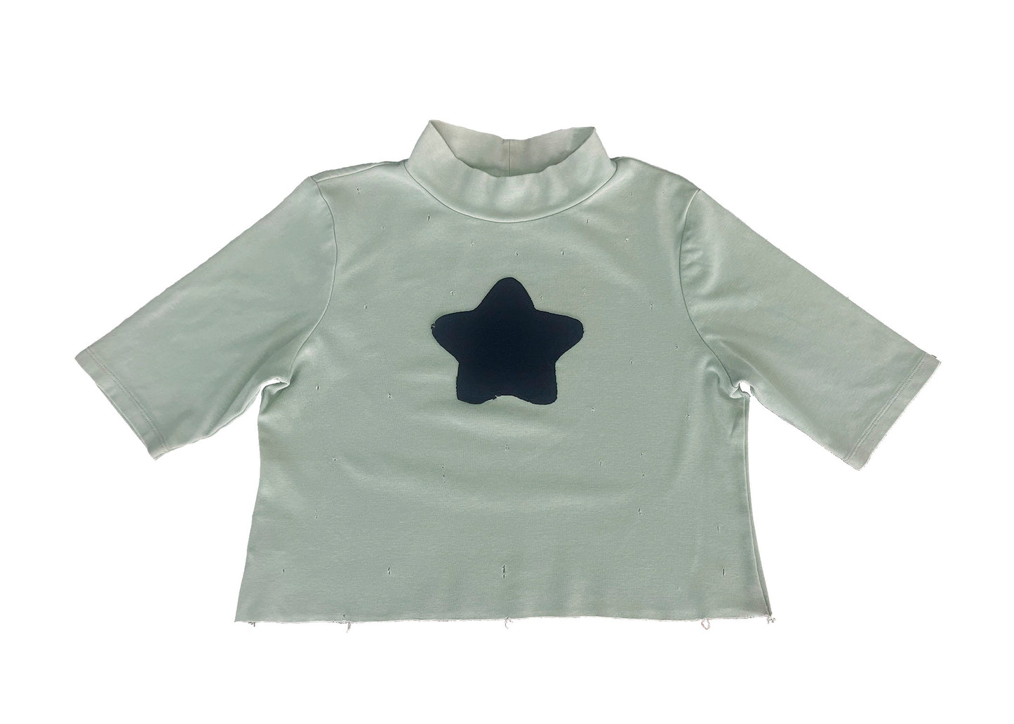 Upcycled Black Distressed Half Sleeve Mock Neck Mid Drift With Star Patch