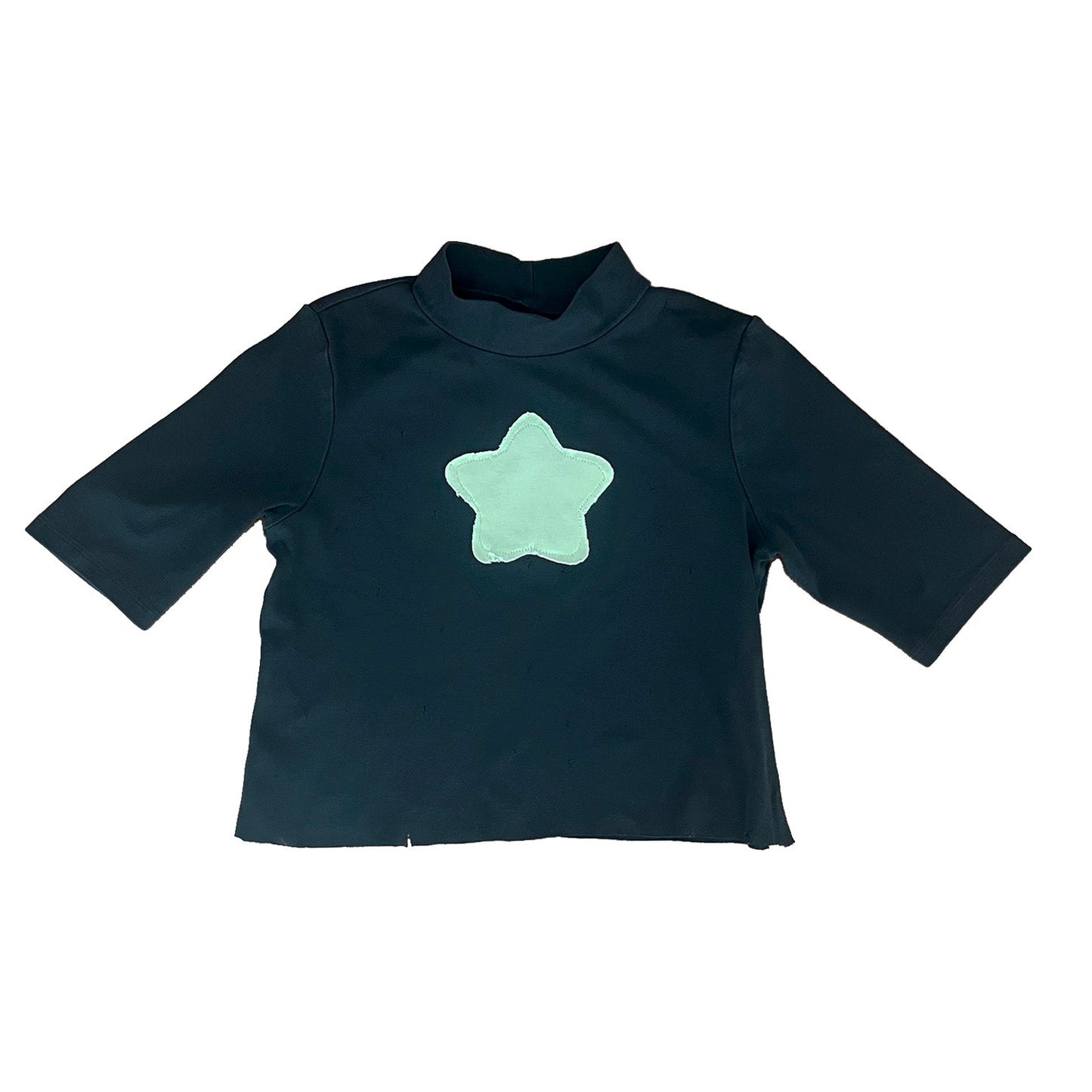 Upcycled Black Distressed Half Sleeve Mock Neck Mid Drift With Star Patch