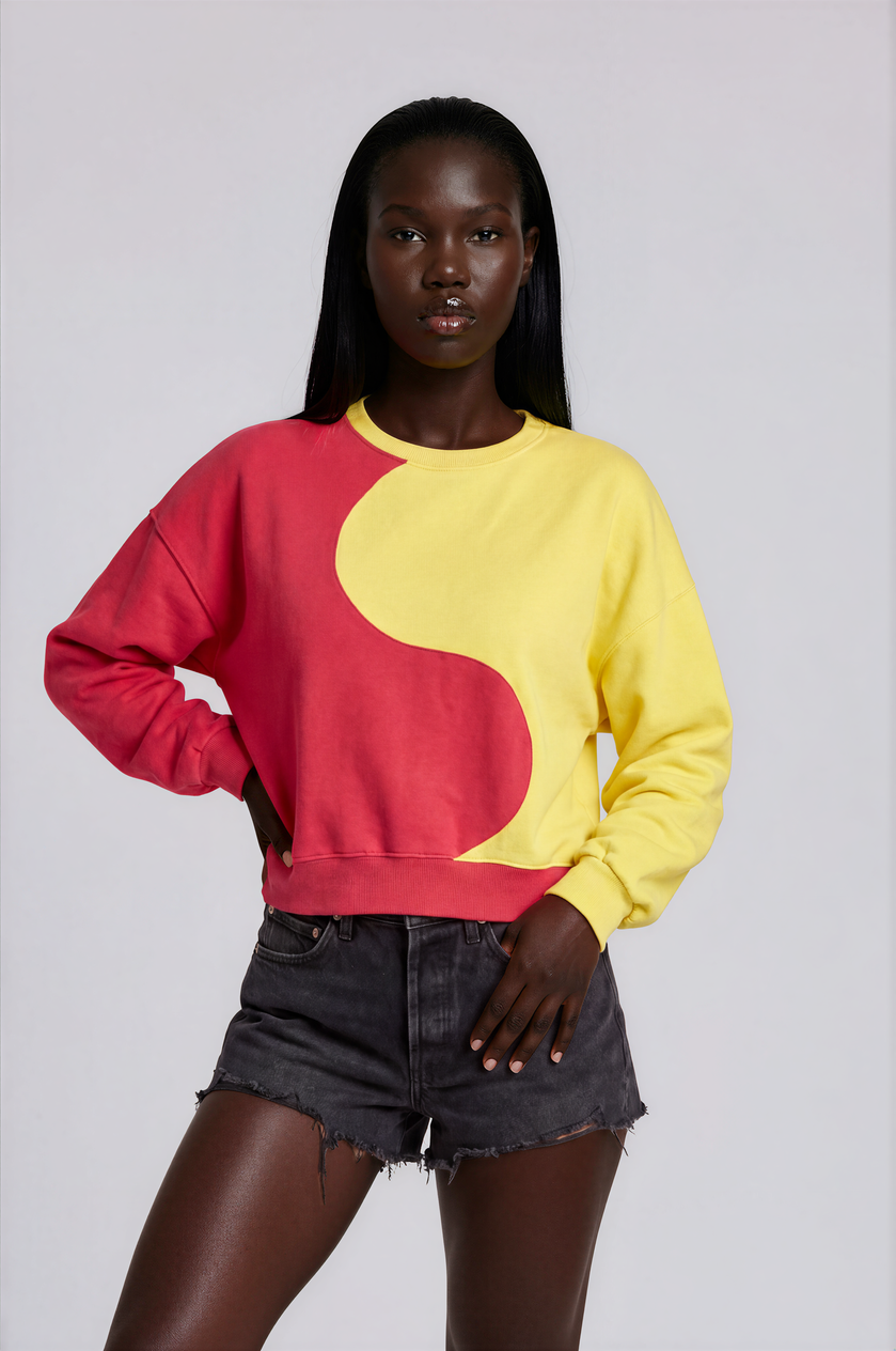Upcycled Red and Yellow Long Sleeve Sweater Yin Yang Design