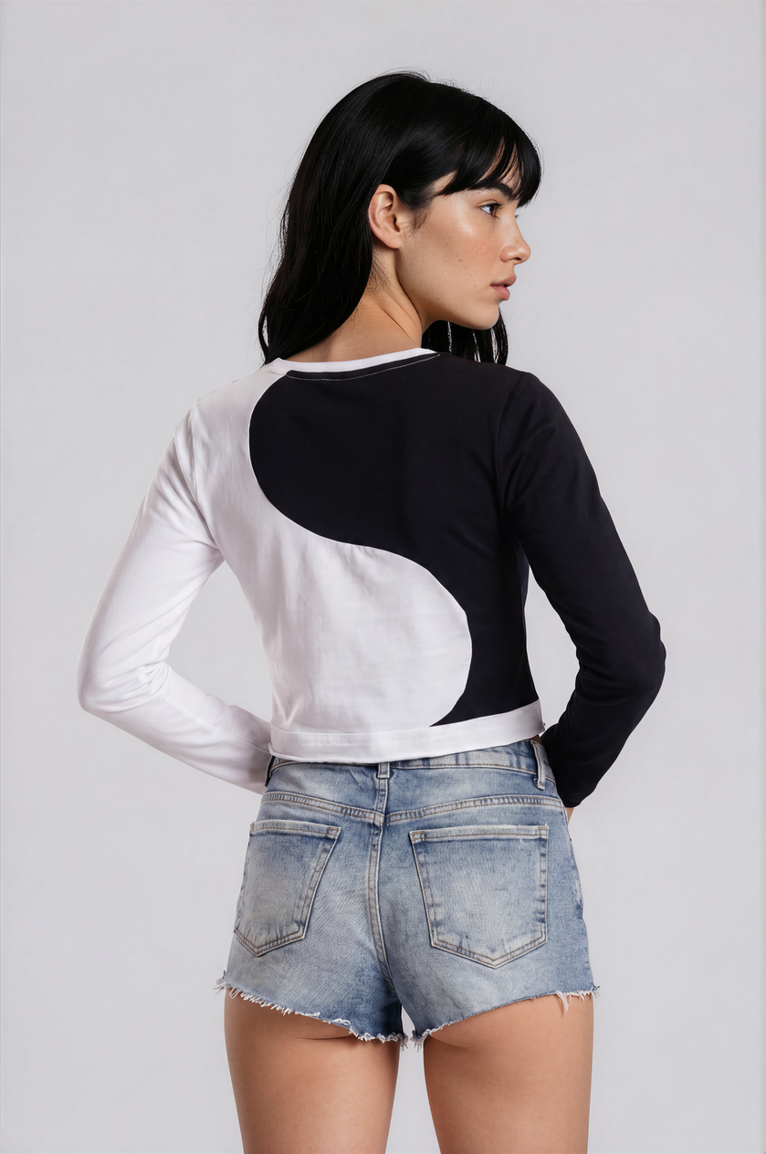 Upcycled Long Sleeve Black and White Mid Drift Yin Yang