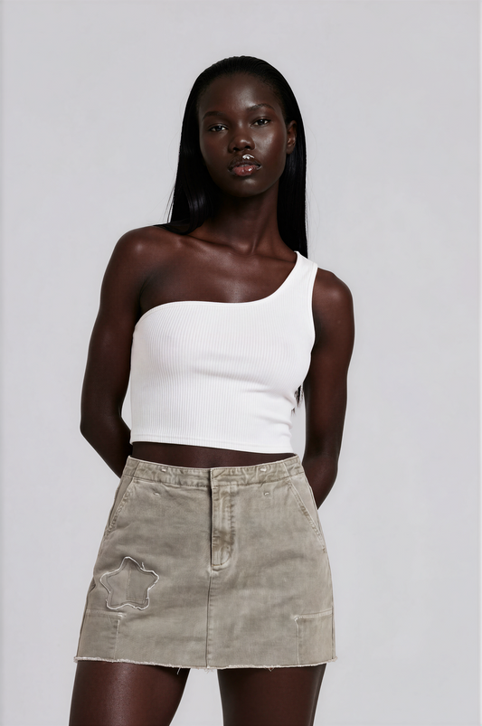 Upcycled mid rise Tan Distressed  Denim Skirt with Star Patch