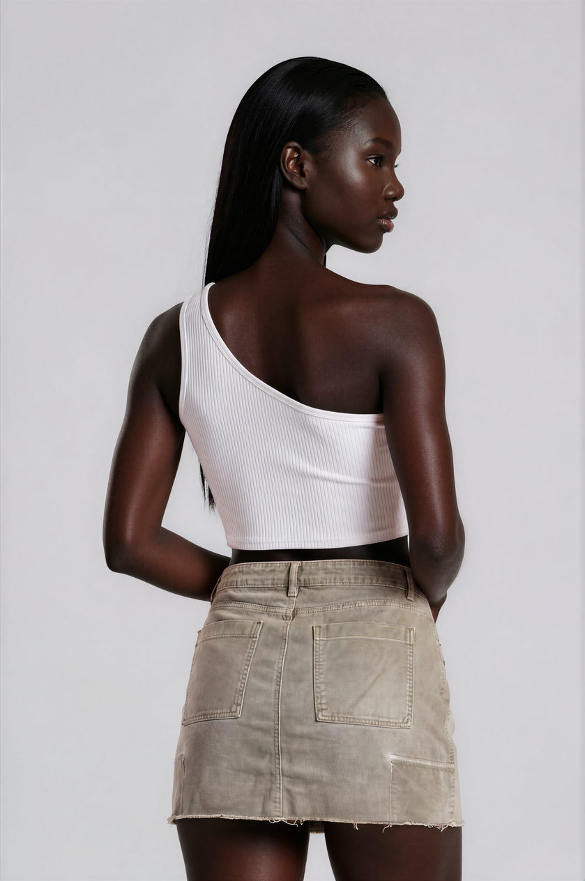 Upcycled mid rise Tan Distressed  Denim Skirt with Star Patch