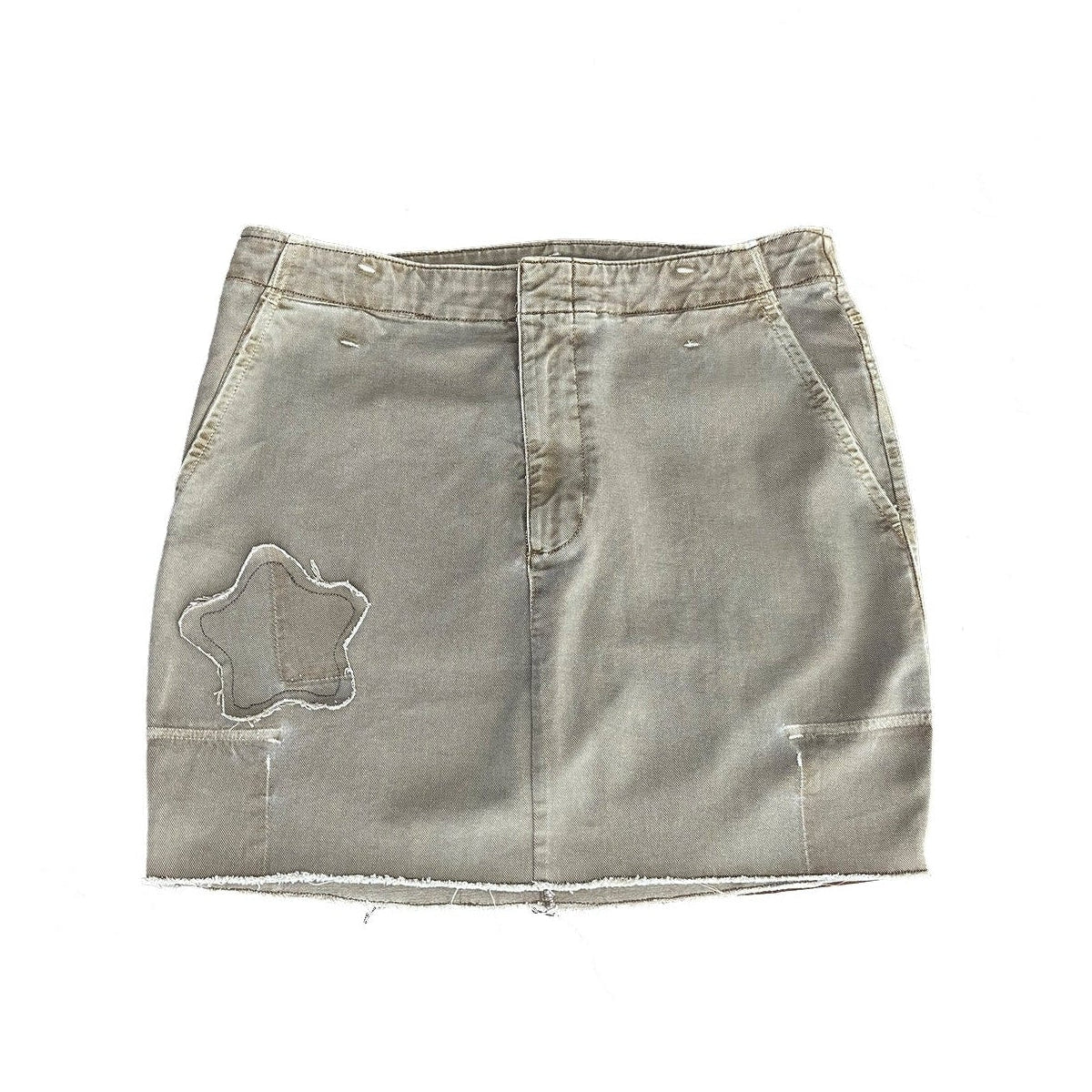 Upcycled mid rise Tan Distressed  Denim Skirt with Star Patch