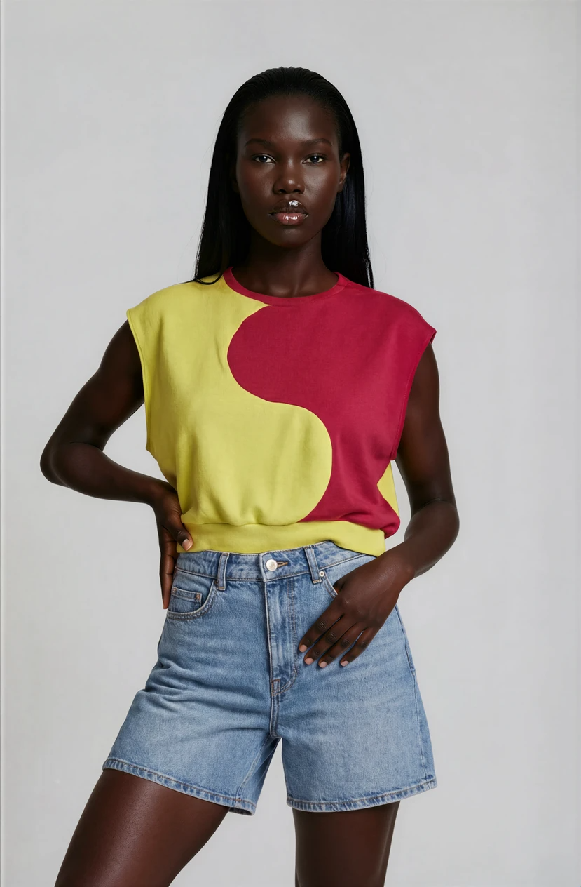 Upcycled Sleeveless Sweater Red and Yellow Yin Yang Design